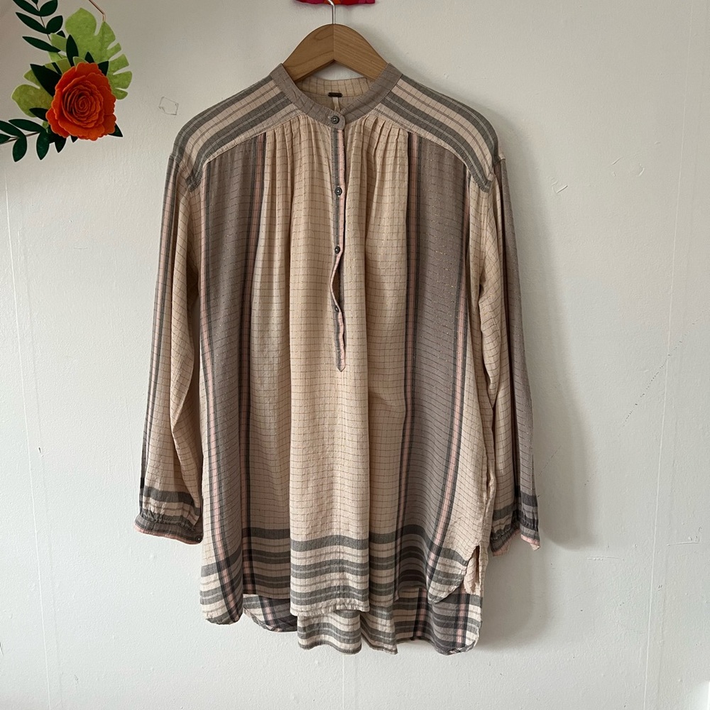Free People peach gold gray tunic made in India check stripe flowy button xs